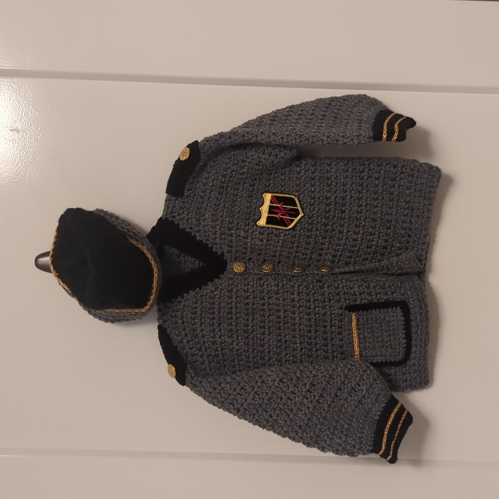 Boutique military style knit hat and jacket grey w/black and gold accents Sz 2T